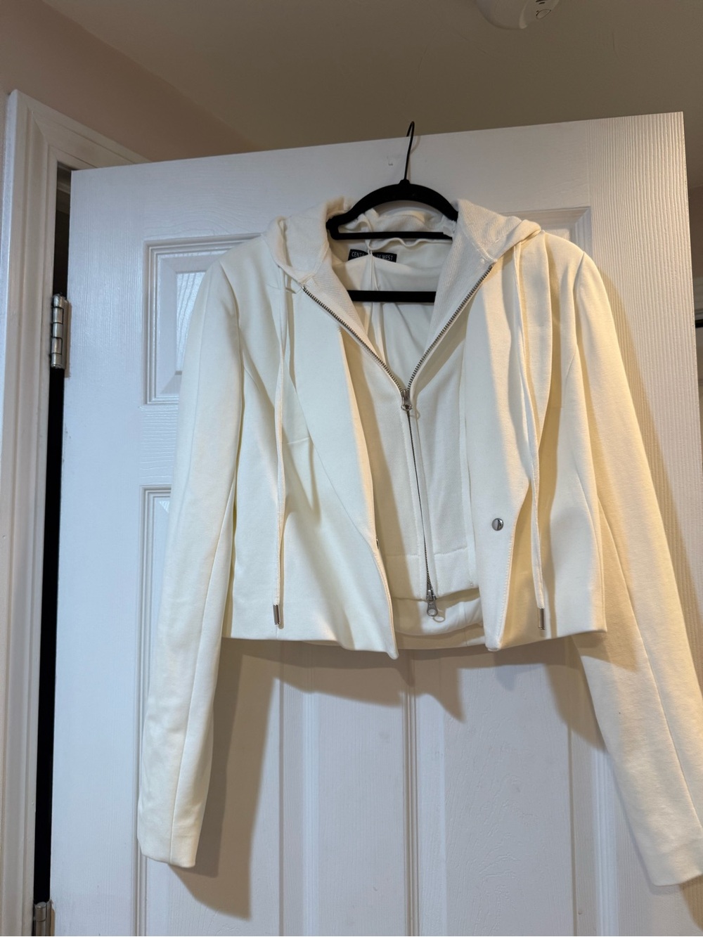Central Park West Cream Hooded Zip Blazer